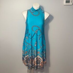 Ladies mock turtleneck turquoise paisley print A-Line Sleeveless Dress.READ